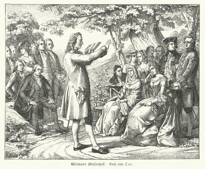 Het Weimar Hof van de Muzen: Duitse dichter en toneelschrijver Friedrich Schiller leest voor in Schloss Tiefurt, met Christoph Martin Wieland, Johann Wolfgang Goethe en Johann Gottfried Herder onder de luisteraars door Theobald Reinhold von Oer