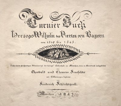 Boek over toernooien: Titelpagina door Theobald Senefelder