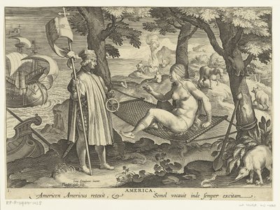 Amerigo Vespucci zet voet aan wal in Amerika door Theodoor Galle