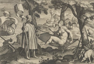 Nieuwe Uitvindingen van de Moderne Tijd [Nova Reperta], De Ontdekking van Amerika, plaat 1 door Theodoor Galle