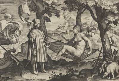 Nieuwe uitvindingen van moderne tijden [Nova Reperta], De ontdekking van Amerika, plaat 1, ca. 1600 door Theodoor Galle