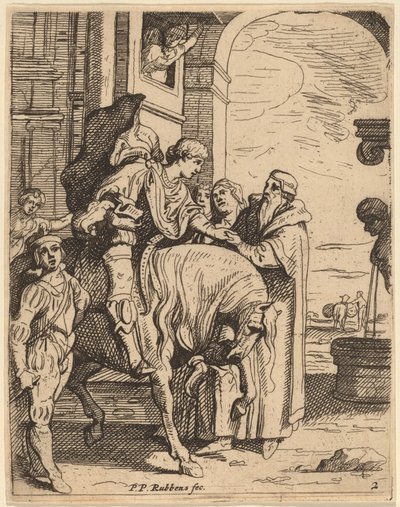 De verloren zoon neemt afscheid van zijn vader door Theodoor van Thulden after Sir Peter Paul Rubens