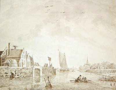 Schepen in een estuarium bij een dorp met een stad in de verte door Theodor Verrijk