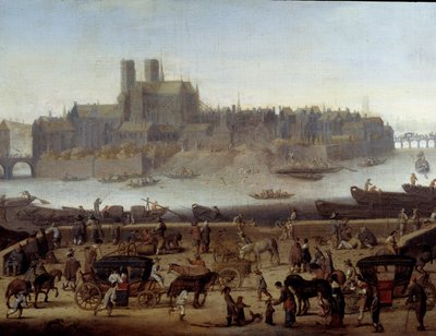 Le quai et le pont de la Tournelle à Paris (detail). Uitzicht op de dokken en het eiland La Cité. Toegeschreven aan Theodor Matham (1646) Parijs, musee Carnavalet door Theodor (attr. to) Matham