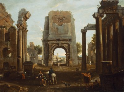 Een Capriccio van Romeinse Ruïnes met de Boog van Titus en Figuren door Theodor (circle of) Helmbreker