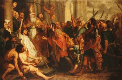 Sint Ambrosius, Bisschop van Milaan, Weigert Keizer Theodosius Toegang tot de Kathedraal van Milaan door Theodor Boeyermans