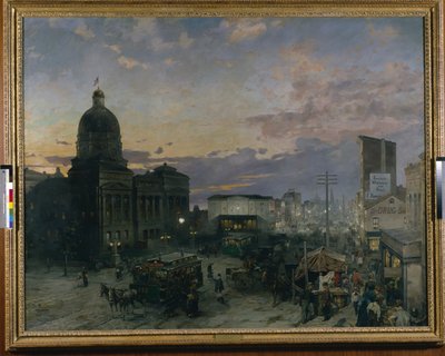 Washington Street, Indianapolis bij schemering door Theodor Groll