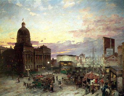 Washington Street, Indianapolis bij schemering door Theodor Groll