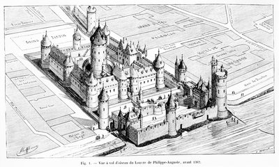 Vogelvlucht van het Louvre tijdens het bewind van Philippe II Auguste (1180-1223) door Theodor Josef Hubert (after) Hoffbauer