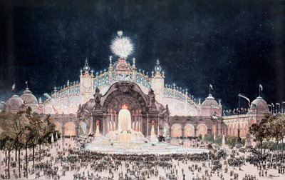 Wereldtentoonstelling, uitzicht op het paleis van elektriciteit en waterkasteel, Parijs (Prent) door Theodor Josef Hubert Hoffbauer