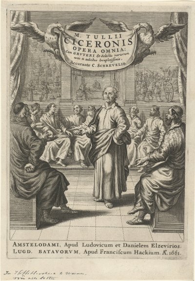 Cicero en discussiërende figuren (Titelpagina voor: Cicero, opera omnia, 1661) door Theodor Matham