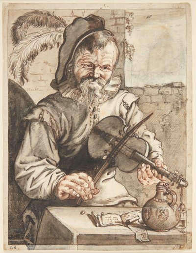 Een Violist, Halffiguur en Face, Zittend voor een Tafel met Bladmuziek, een Kruik en een Glas door Theodor Matham