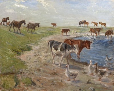 Kalfjes en ganzen bij een drinkplaats op het eiland Saltholm door Theodor Philipsen