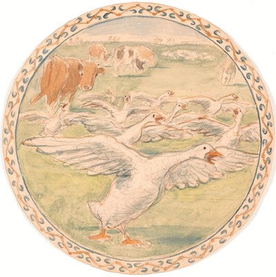 Grazende koeien en gakkende ganzen (schets voor keramische schaal) door Theodor Philipsen