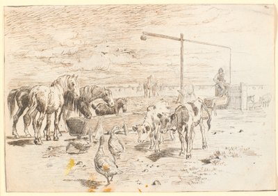 Paarden, kalveren en ganzen bij de Hollanderbron op Saltholm door Theodor Philipsen