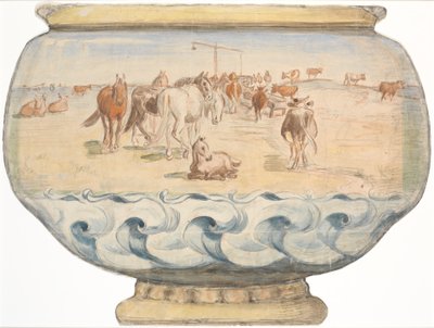 Paarden en koeien bij de Hollandse bron op Saltholm (schets voor punchkom) door Theodor Philipsen