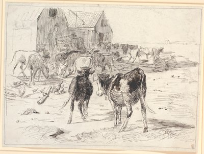 Hooioogst op Saltholm. Kalveren verzamelen zich rond wagens bij de schuur door Theodor Philipsen