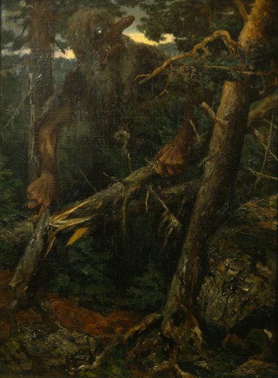Oude trol breekt bomen in het bos door Theodor Kittelsen