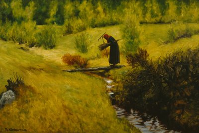 De oude vrouw (vrouw) bij de stroom door Theodor Kittelsen