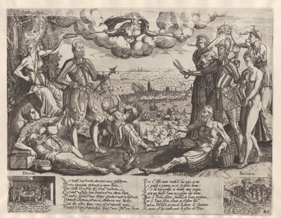Vergelijking tussen Oranje en Alva, met op de achtergrond de Spaanse Furie, ca. 1577 door Theodor de Bry (attributed to)