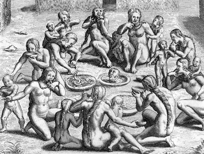 Een bouillon wordt gemaakt van de ingewanden: kannibalisme door Indianen in de Nieuwe Wereld (Amazonië), gravure door Theodore de Bry voor het boek 