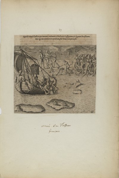 Appellit navis gallicai: qui inerant, redimunt a barbaris gossip pium... (uit boek, Americae, deel drie) door Theodor de Bry