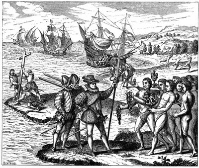 Christoffel Columbus (1451-1506) Genuees ontdekkingsreiziger, ontdekt Amerika - 12 mei 1492. Uit gravure door Theodore de Bry 1590 door Theodor de Bry