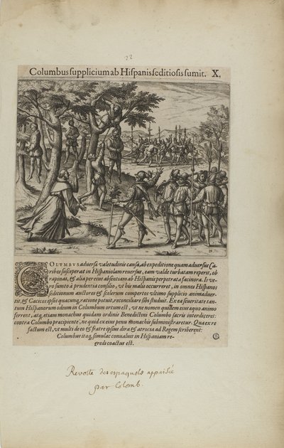 Columbus Supplicium ab Hispanis Seditiosis Sumit. X. (uit boek, Americae, deel vier) door Theodor de Bry