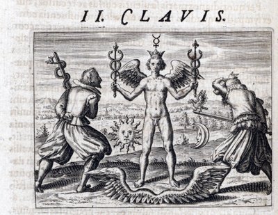 Symbolische compositie van de alchemie, een naakte jonge man, gevleugeld en gekroond, zwaait met twee caducees, omringd door de Maan en de zon, tegenover gewapende mannen met zwaarden die een adelaar en een slang dragen - Gravure door Theodore de Bry (1528 door Theodor de Bry