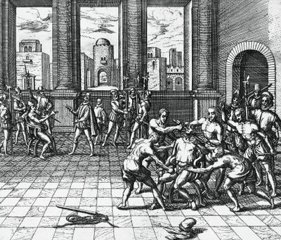 Inca-keizer Atahualpa gewurgd door Pizarro