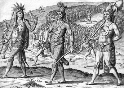 Indiaanse potano Utina en haar troepen door Theodor de Bry