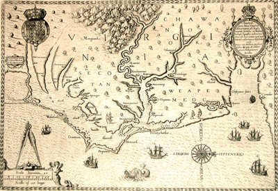 Kaart van 1590 gegraveerd door Theodore de Bry naar aquarel van de Engelse kolonist John White, gouverneur van Roanoke. Virginia en kust met kleine eilanden en Roanoke aan de monding van de rivier. Secotan en Weapemeoc inheemse gebieden. door Theodor de Bry