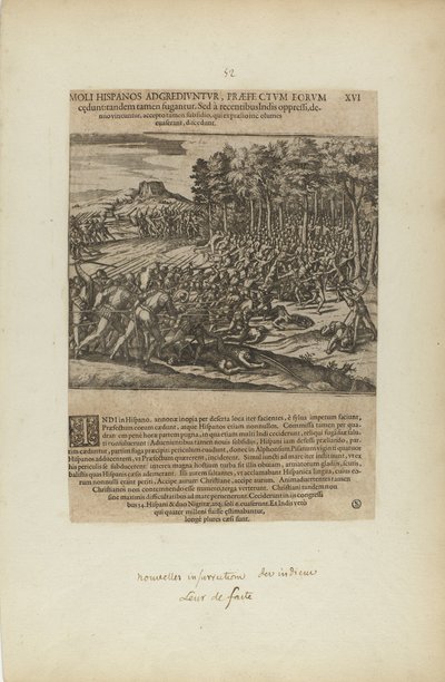 Moli Hispanos Adgrediuntur, Praefe Ctum Eorum/Cedunt: Tandeum.... (uit boek, Americae, deel vijf) door Theodor de Bry