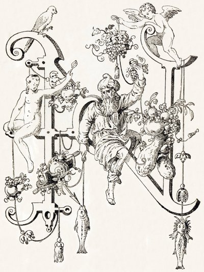 N - De wijze Natham - Alfabet door T. de Bry (nieuw artistiek alfabet) door Theodor de Bry