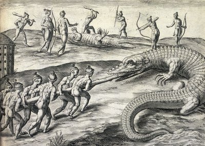 Naakte inheemse Amerikanen jagen op alligators in Florida, VS door Theodor de Bry