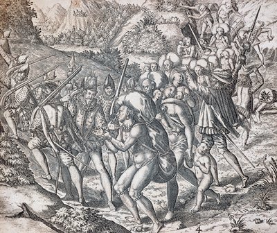 Inboorlingen worden aan boord van schepen gebracht om als slaven naar Sevilla te worden gebracht door Theodor de Bry