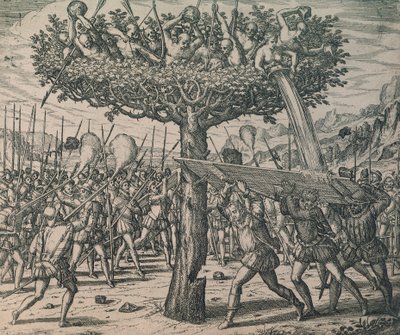 Inboorlingen verbergen zich in de bomen en vechten tegen de veroveraars door Theodor de Bry