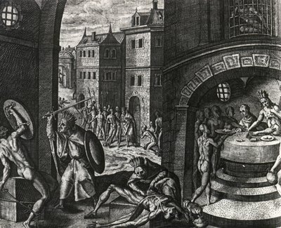 Priester doodt slachtoffer van nepgevecht en vilt vervolgens het lichaam, Mexico, gravure uit Peregrinationes, door Theodor de Bry (1528-1598), Midden-Amerika door Theodor de Bry