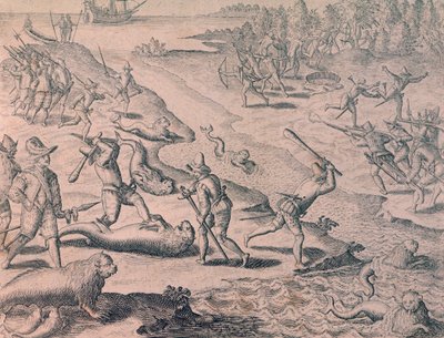Slachting van zeeleeuwen door ontdekkingsreizigers door Theodor de Bry