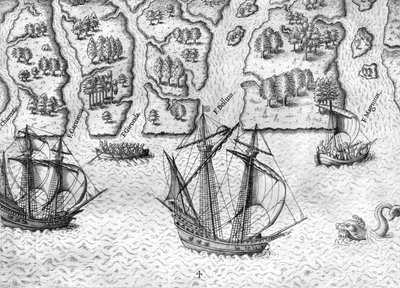 De Franse verkennen zes rivieren aan de kust van Florida door Theodor de Bry