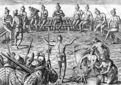 Timucua Indiaan met Franse ontdekkingsreizigers door Theodor de Bry