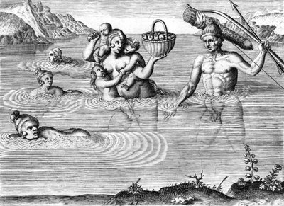 Timucuaanse indianenfamilie die een rivier oversteekt door Theodor de Bry