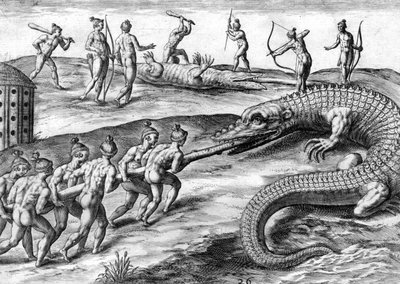 Timucuan-indianen jagen op alligator door Theodor de Bry