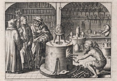 Drie geleerden praten in het alchemielaboratorium, met oven en instrumenten door Theodor de Bry