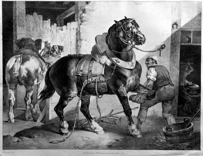 Beslag van een trekpaard door Theodore (after) Gericault