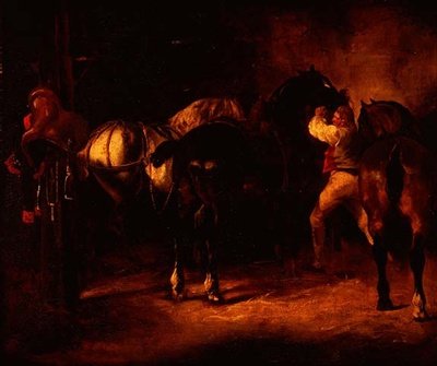 Drie paarden in een stal door Theodore (attr. to) Gericault