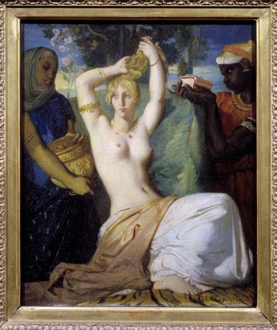 De toilet van Esther of Esther die zich opmaakt om aan de koning van Perzië Assuerus 1e (Xerxes 1e) te worden gepresenteerd door Théodore Chassériau