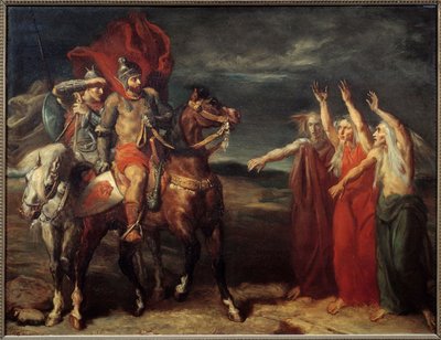 Macbeth en de drie heksen Illustratie van scène 3 van acte I van het toneelstuk 