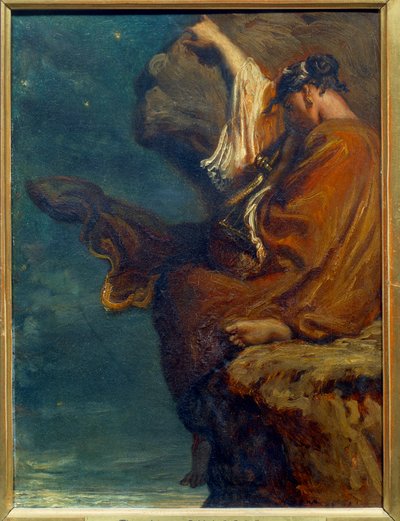 Sapho, de Griekse dichteres Sapho (ca. 600 v.Chr.) zittend op een rots en melancholisch naar de zee kijkend door Théodore Chassériau