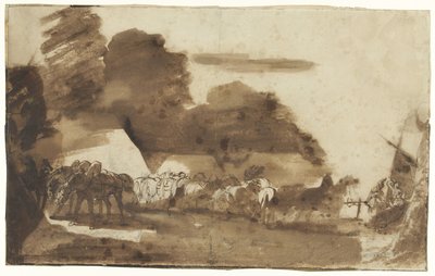 Bivak met paarden en soldaten door Theodore Gericault